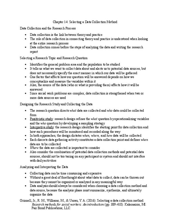 SW 300 Chapter Notes - Chapter 14: Michael Williams (Geographer), Data Analysis thumbnail