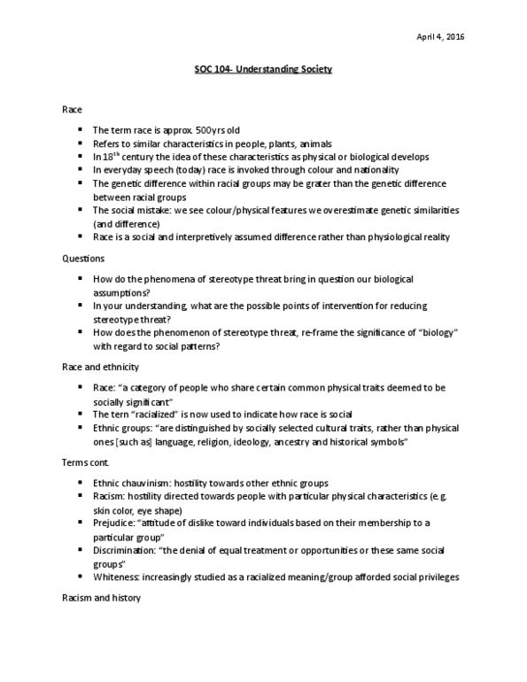 SOC 104 Lecture Notes - Lecture 11: Stereotype Threat, Chauvinism, Grater thumbnail