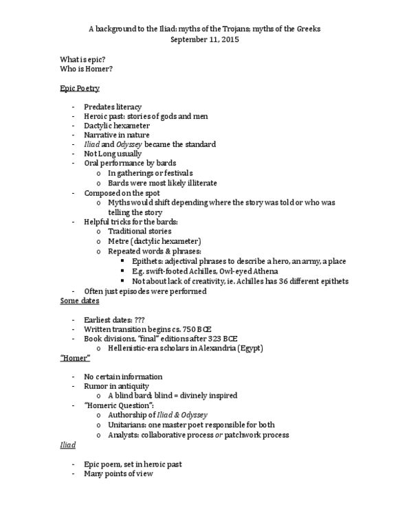 CLASSICS 1B03 Lecture Notes - Lecture 2: Dactylic Hexameter, Epic Poetry, Trojan War thumbnail