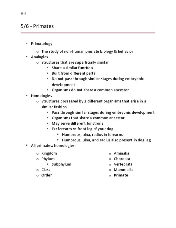 ANT101H5 Lecture Notes - Lecture 5: Prehensile Tail, Grooming Claw, Stereopsis thumbnail