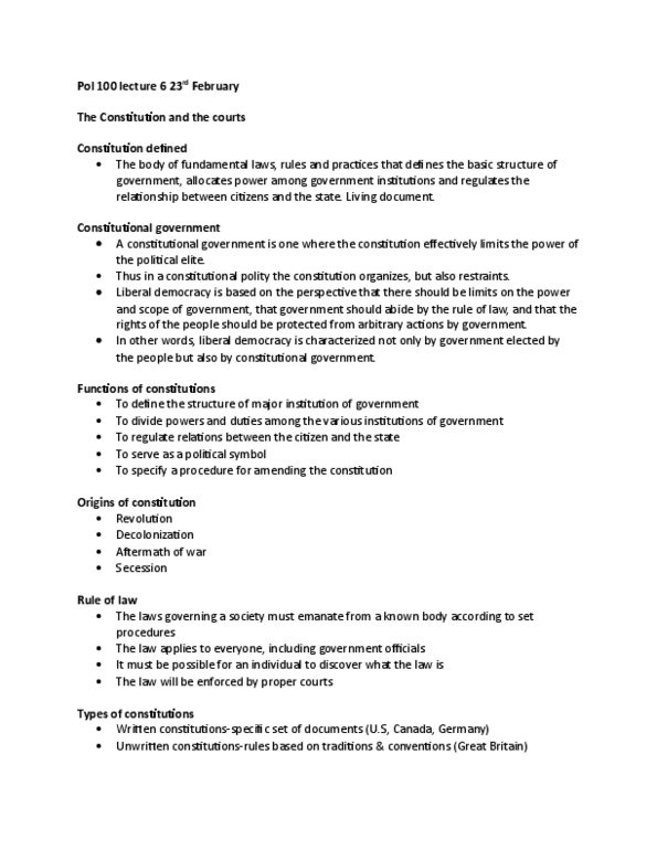 POL 100 Lecture Notes - Lecture 6: Constitution Act, 1982, Liberal Democracy, Living Document thumbnail