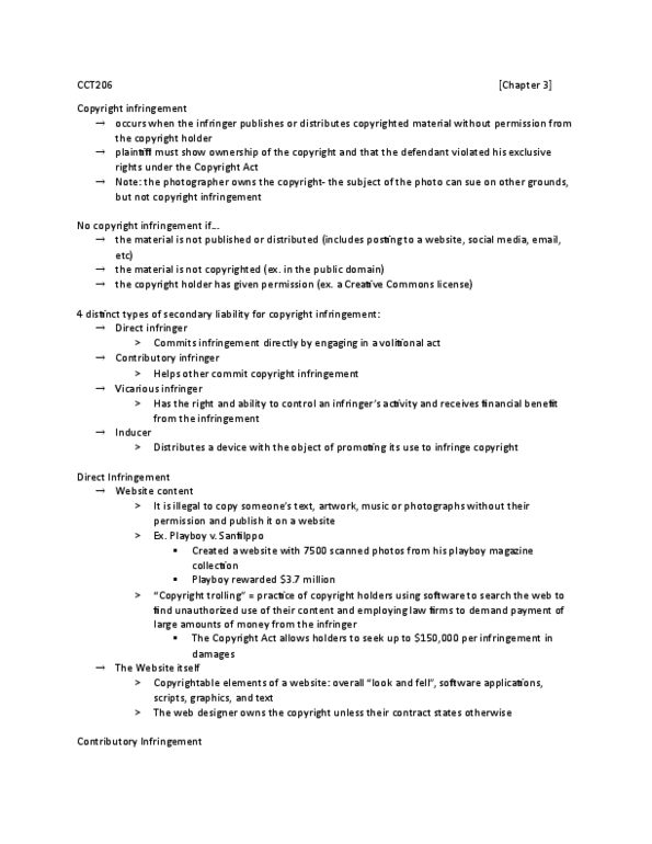 CCT206H5 Chapter Notes - Chapter 3: Copyright Infringement, Creative Commons License, Secondary Liability thumbnail