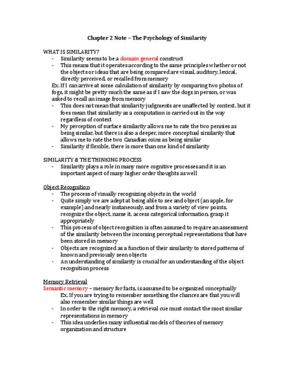 Psychology 3130A/B Chapter Notes - Chapter 2: Semantic Memory, Inductive Reasoning, Multidimensional Scaling thumbnail