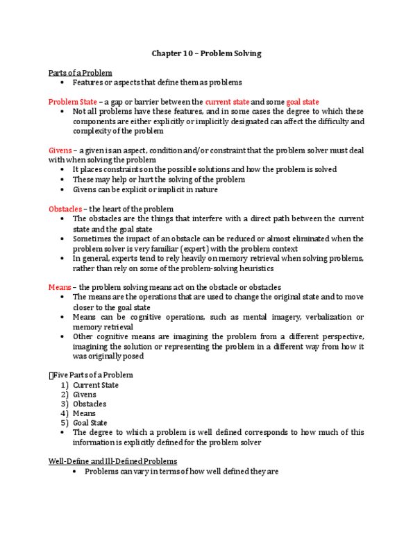 Psychology 3130A/B Chapter Notes - Chapter 10: Problem Solving, Hill Climbing, Spreading Activation thumbnail