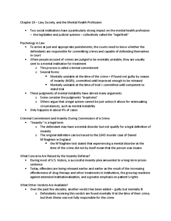 PSYCH 380 Lecture Notes - Lecture 19: Outline Of Health Sciences, Diminished Responsibility, Involuntary Treatment thumbnail