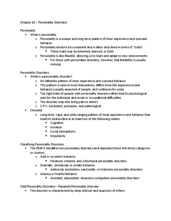 PSYCH 380 Lecture Notes - Lecture 16: Paranoid Personality Disorder, Histrionic Personality Disorder, Narcissistic Personality Disorder thumbnail