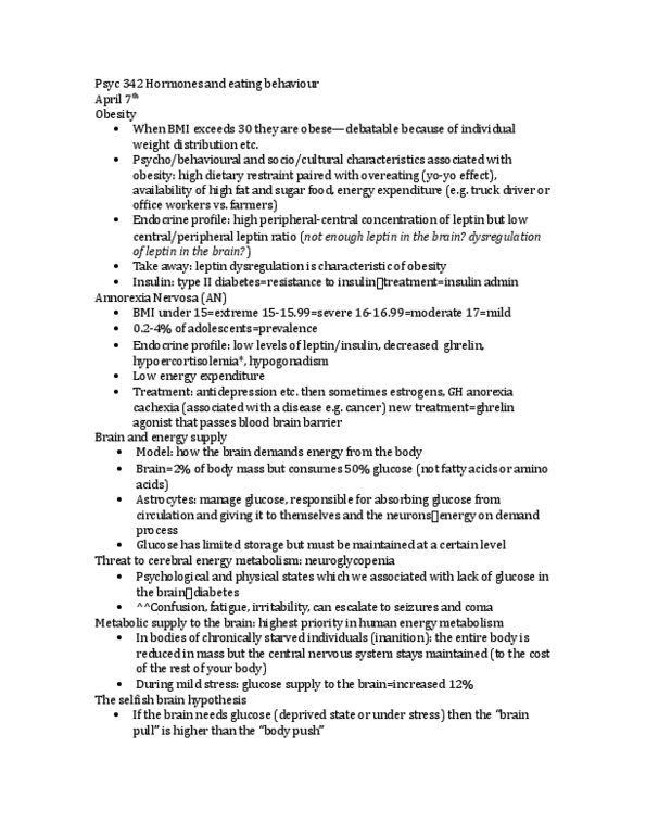 PSYC 342 Lecture Notes - Lecture 21: Neuroglycopenia, Leptin, Ghrelin thumbnail