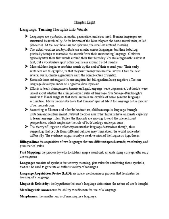 PSYC 1001 Chapter Notes - Chapter 8: American Sign Language, Metalinguistic Awareness, Linguistic Relativity thumbnail