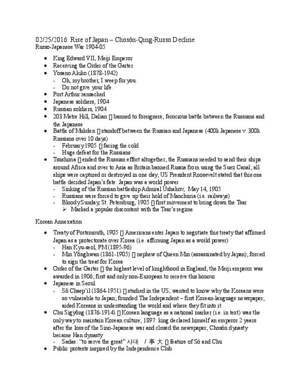 HIST 2910 Lecture Notes - Lecture 8: Emperor Meiji, Korean Language, Independence Club thumbnail