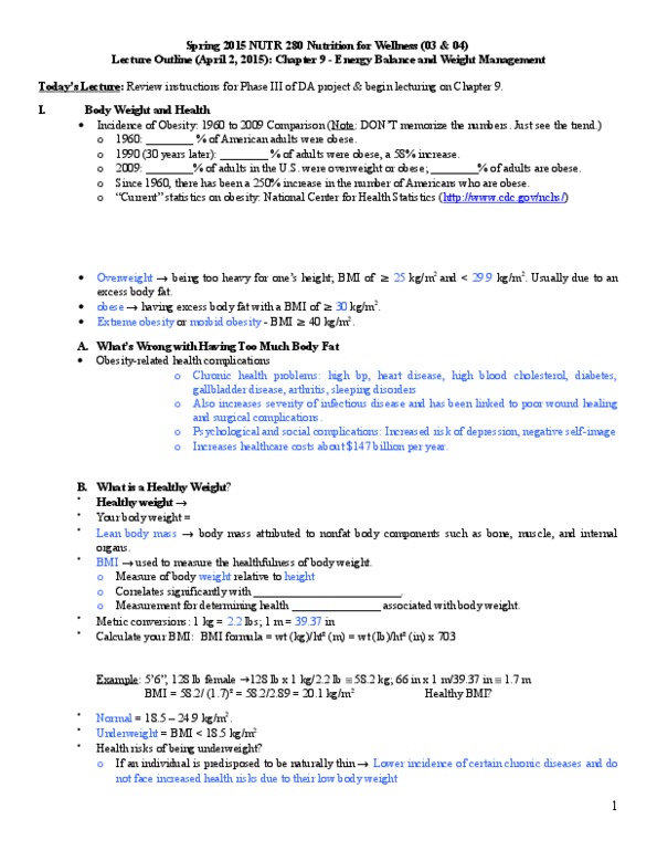 NUTR 280 Lecture Notes - Lecture 8: Nutrient, Abdominal Obesity, Myplate thumbnail