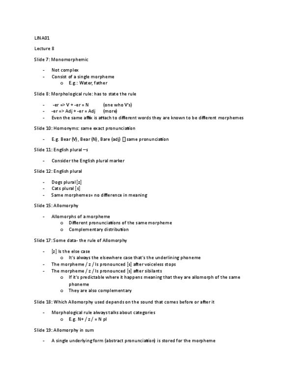 LINA01H3 Lecture Notes - Lecture 8: Affix, Phoneme, Complementary Distribution thumbnail