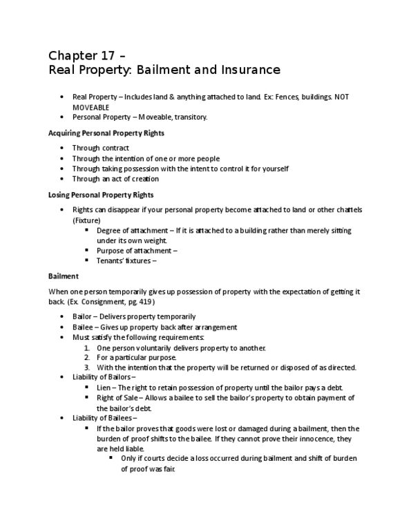 LAW 603 Chapter Notes - Chapter 17: Property Insurance, Subrogation, Common Carrier thumbnail