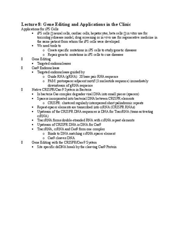 BME 410 Lecture Notes - Lecture 8: Endonuclease, Non-Homologous End Joining, Dystrophin thumbnail