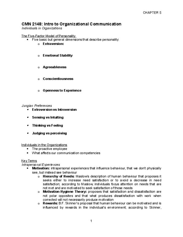 CMN 2148 Lecture Notes - Lecture 5: Conscientiousness, Organizational Communication, Extraversion And Introversion thumbnail