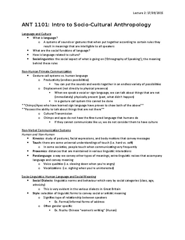 ANT 1101 Lecture Notes - Lecture 2: Diglossia, Proxemics, Paralanguage thumbnail