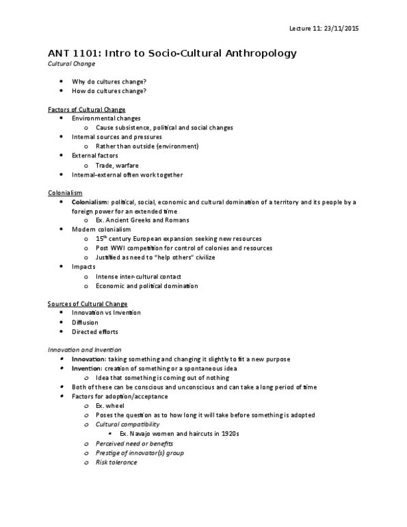 ANT 1101 Lecture Notes - Lecture 11: Ethnocide, Melanesians, Technological Change thumbnail