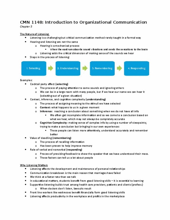 CMN 1148 Lecture Notes - Lecture 5: Confirmation Bias, Cocktail Party, Organizational Communication thumbnail