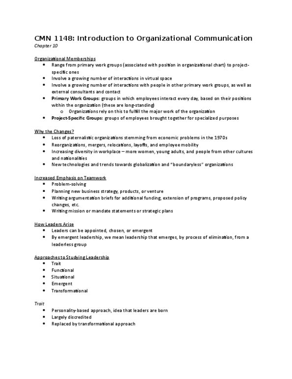 CMN 1148 Lecture Notes - Lecture 10: Quality Circle, Organizational Communication, Synectics thumbnail