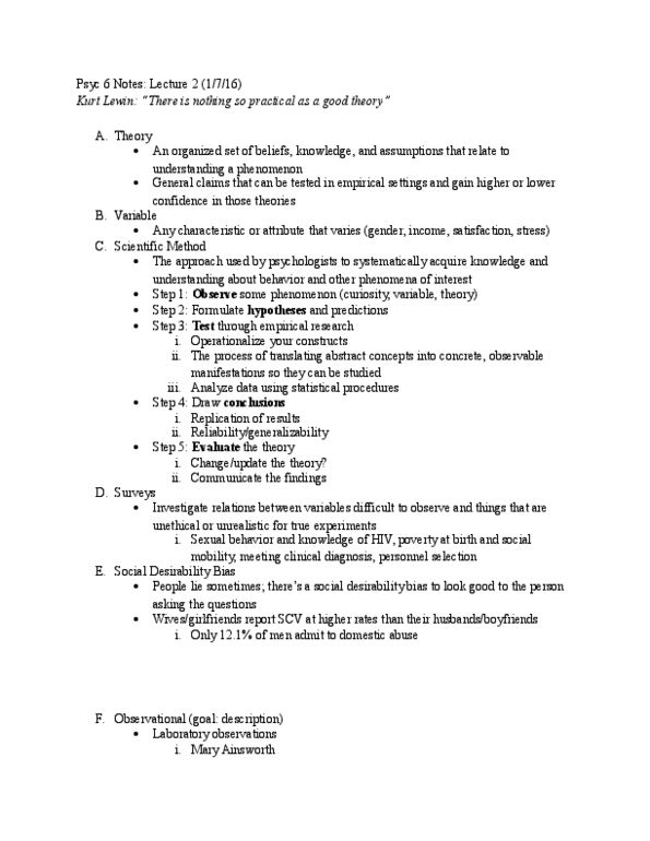PSYC 6 Lecture Notes - Lecture 2: Nonverbal Communication, Kurt Lewin, Social Desirability Bias thumbnail