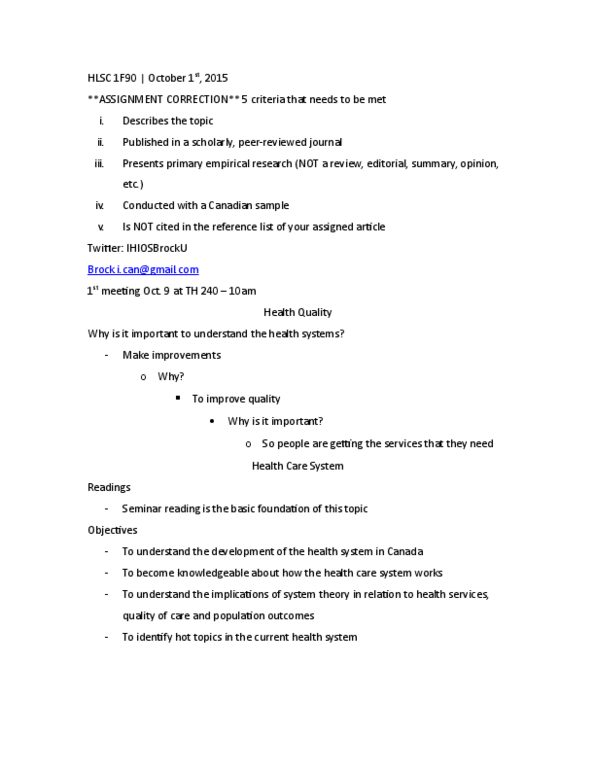 HLSC 1F90 Lecture Notes - Lecture 4: Canada Health Act, Universal Health Care, Chemotherapy thumbnail