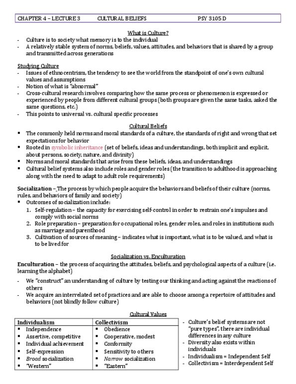 PSY 3105 Lecture Notes - Lecture 3: Ethnocentrism, Cultural Psychology, Enculturation thumbnail