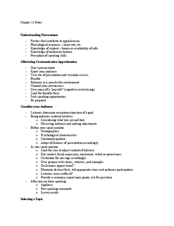 COMMUN 105 Lecture Notes - Lecture 11: Communication Apprehension, Cognitive Restructuring, Eye Contact thumbnail