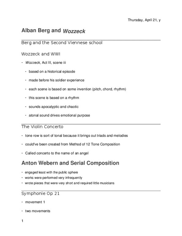 MUS 112F Lecture Notes - Lecture 4: Anton Webern, Second Viennese School, Tone Row thumbnail