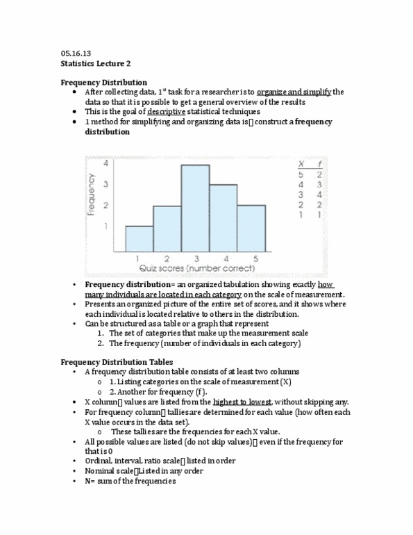 PSY201H1 Lecture Notes - Lecture 2: Cumulative Frequency Analysis, Frequency Distribution, Percentile thumbnail