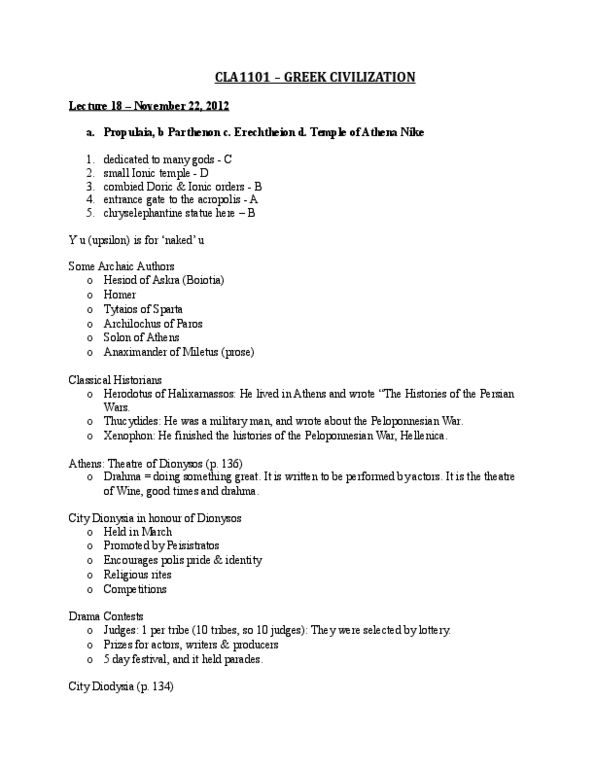 CLA 1101 Lecture Notes - Lecture 18: Contemporary Fantasy, Hellenica, Himation thumbnail