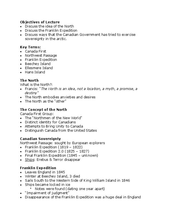 CANA 1F91 Lecture Notes - Lecture 1: Speech From The Throne, Lead Poisoning, Beechey Island thumbnail