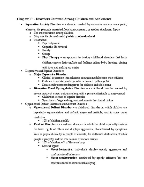 PSYCH 380 Chapter Notes - Chapter 17-18: Abundant Number, Dsm-5, Separation Anxiety Disorder thumbnail