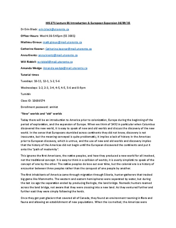 HIS271Y1 Lecture Notes - Lecture 1: Turnitin, John Cabot, Beringia thumbnail