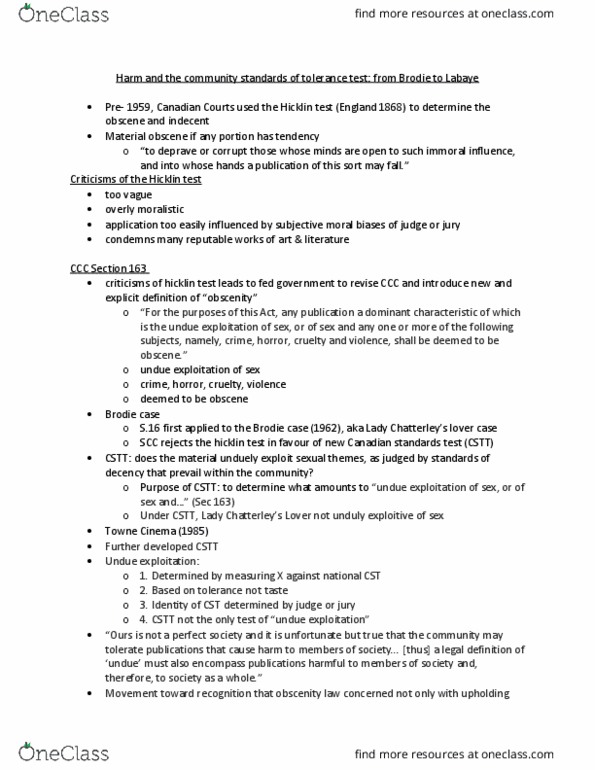 PHILOS 1B03 Lecture Notes - Lecture 11: Hicklin Test thumbnail