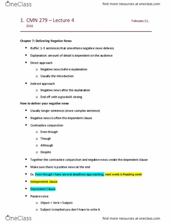 CMN 279 Lecture Notes - Lecture 4: Sentence Clause Structure, Dependent Clause, Indirect Approach thumbnail