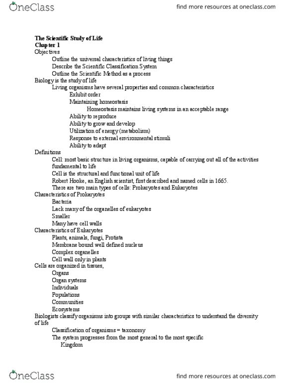 BSC 2010C Lecture Notes - Lecture 1: Protist, Homeostasis, Robert Hooke thumbnail