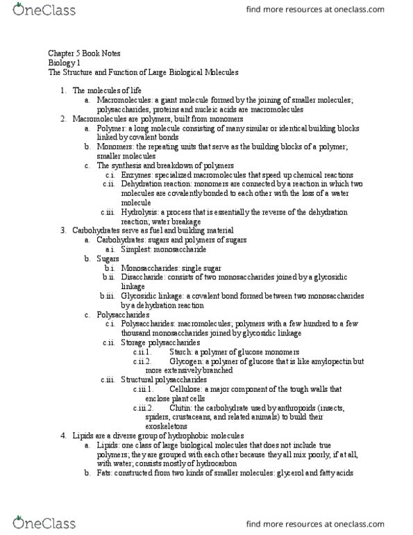 BSC 2010C Chapter Notes - Chapter 5: Valine, Hemoglobin, Deoxyribose thumbnail