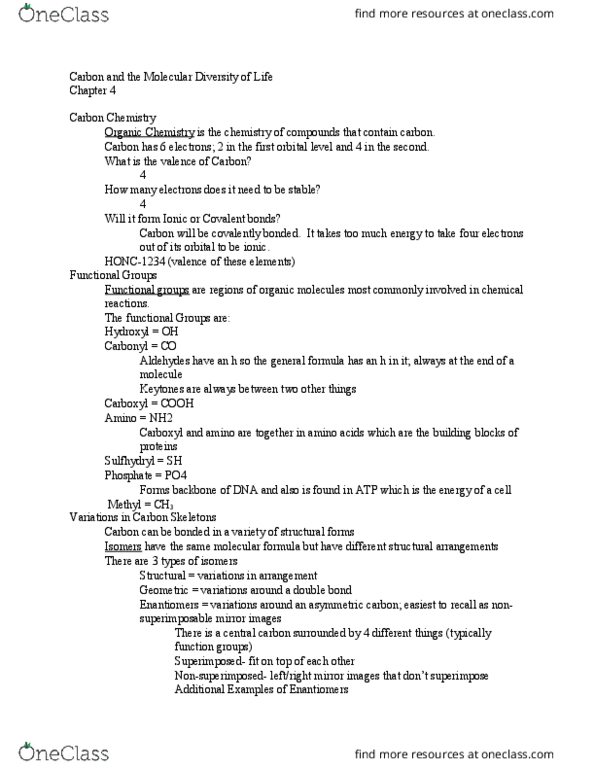 BSC 2010C Lecture Notes - Lecture 4: Hydroxy Group, Asymmetric Carbon, Chemical Formula thumbnail