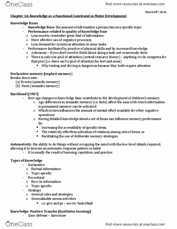 Kinesiology 3347A/B Lecture Notes - Lecture 14: Zone Defense, Episodic Memory, Automaticity thumbnail