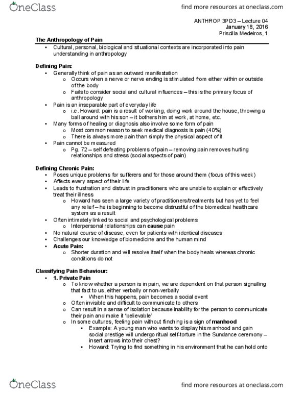 ANTHROP 3HI3 Lecture Notes - Lecture 4: Chronic Pain, Medicalization, Somatization thumbnail