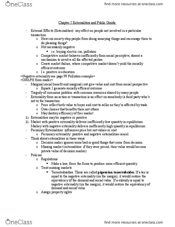 ECON 104 Chapter Notes - Chapter 5: Competitive Equilibrium, Market Failure, Pigovian Tax thumbnail