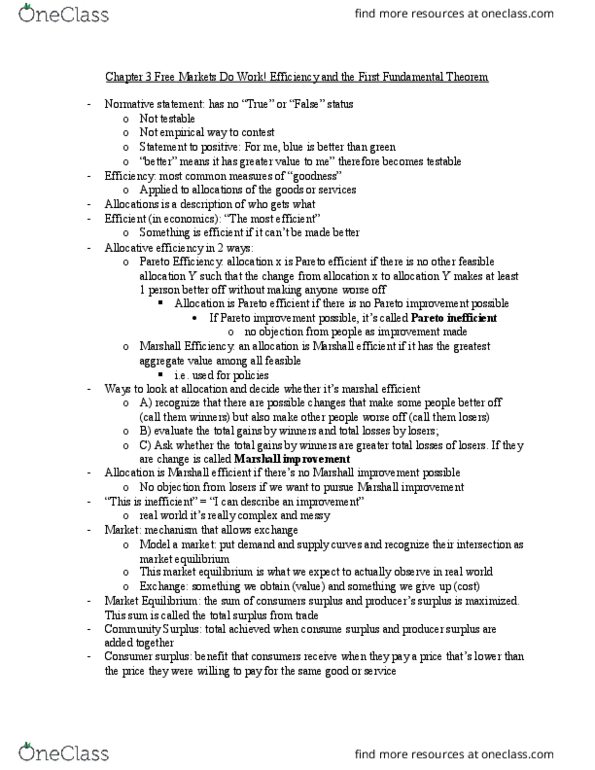 ECON 104 Chapter Notes - Chapter 3: Pareto Efficiency, Allocative Efficiency, Economic Surplus thumbnail