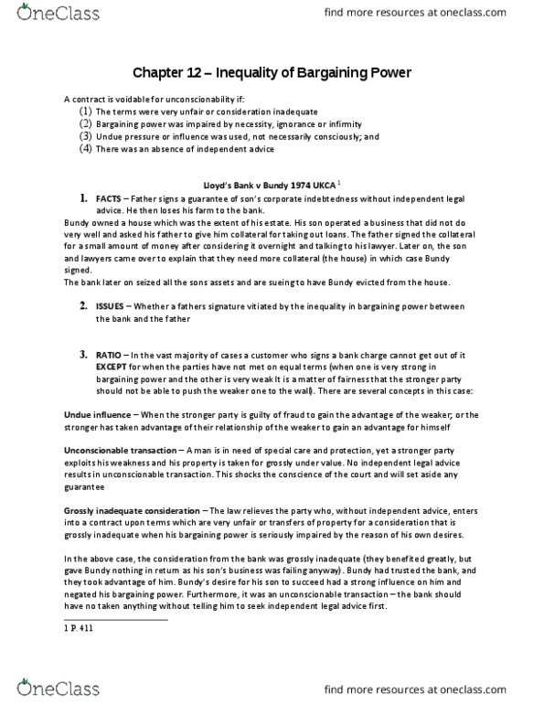 LAWS 2202 Lecture Notes - Lecture 12: Bargaining Power, Unconscionability, Undue Influence thumbnail