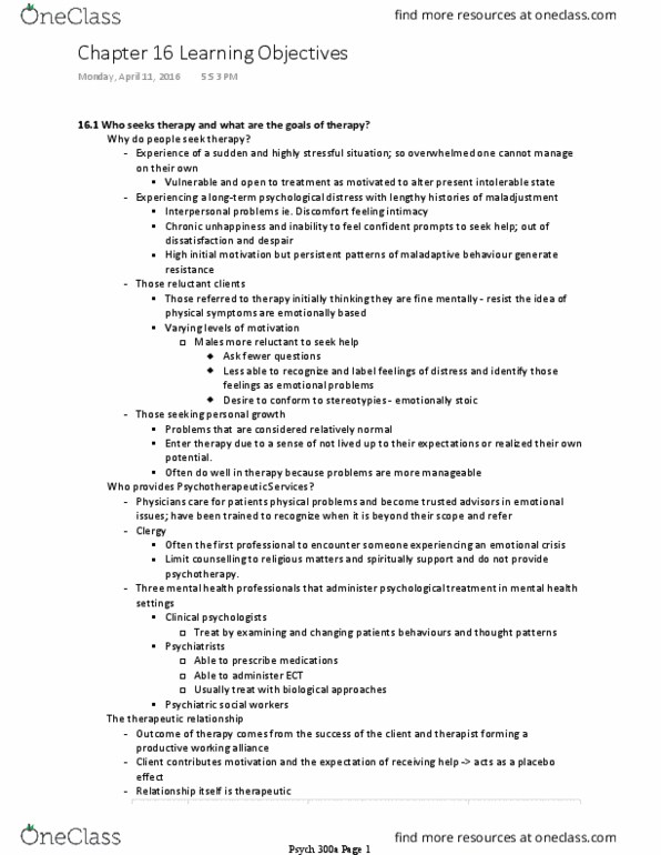 PSYC 300 Lecture Notes - Lecture 10: Beck Depression Inventory, Borderline Personality Disorder, Therapeutic Relationship thumbnail