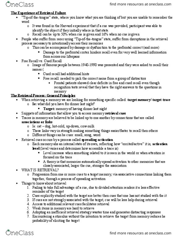 PSYC 3330 Chapter Notes - Chapter 8: Encoding Specificity Principle, Prefrontal Cortex, Free Recall thumbnail