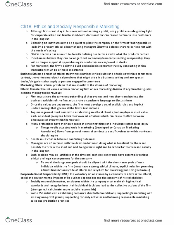 MKT 100 Lecture Notes - Lecture 18: Corporate Social Responsibility, Ethical Dilemma, Corporate Action thumbnail