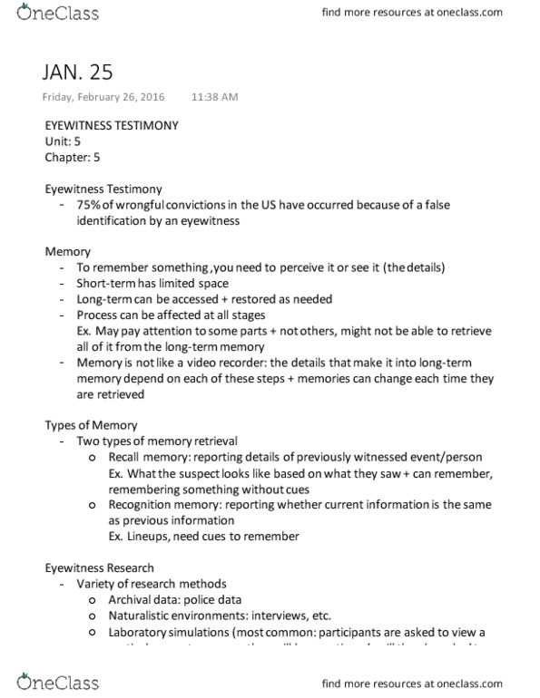 PSYC 2400 Lecture Notes - Lecture 4: Police Lineup, Long-Term Memory, Recognition Memory thumbnail