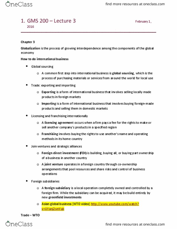 GMS 200 Lecture Notes - Lecture 3: Foreign Direct Investment, Global Sourcing, Franchising thumbnail