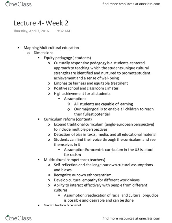 EDUC 124 Lecture Notes - Lecture 4: Multicultural Education, Class Discrimination, Eurocentrism thumbnail