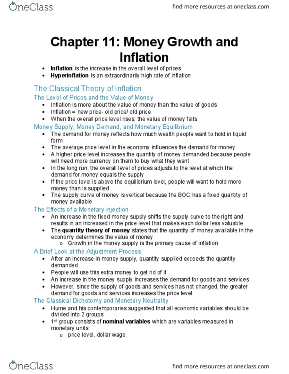 ECON 1B03 Chapter Notes - Chapter 11: Classical Dichotomy, Real Interest Rate, Nominal Interest Rate thumbnail