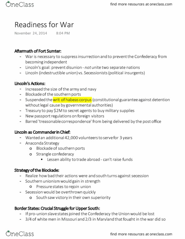 History 1810E Lecture Notes - Lecture 3: Union Blockade, Upland South, Commerce Raiding thumbnail